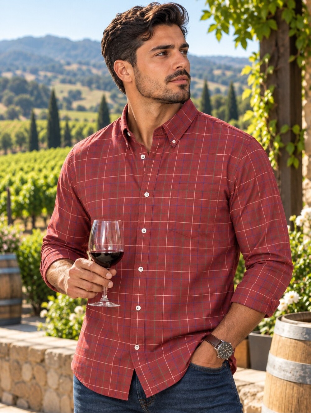 Lands' End Coral Plaid Casual Shirt